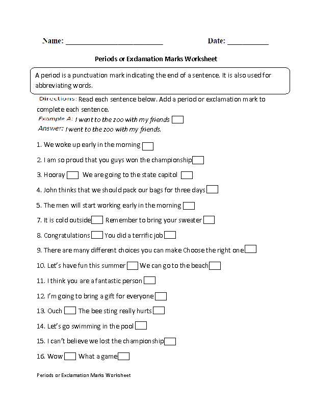 Worksheets On Periods And Sentences