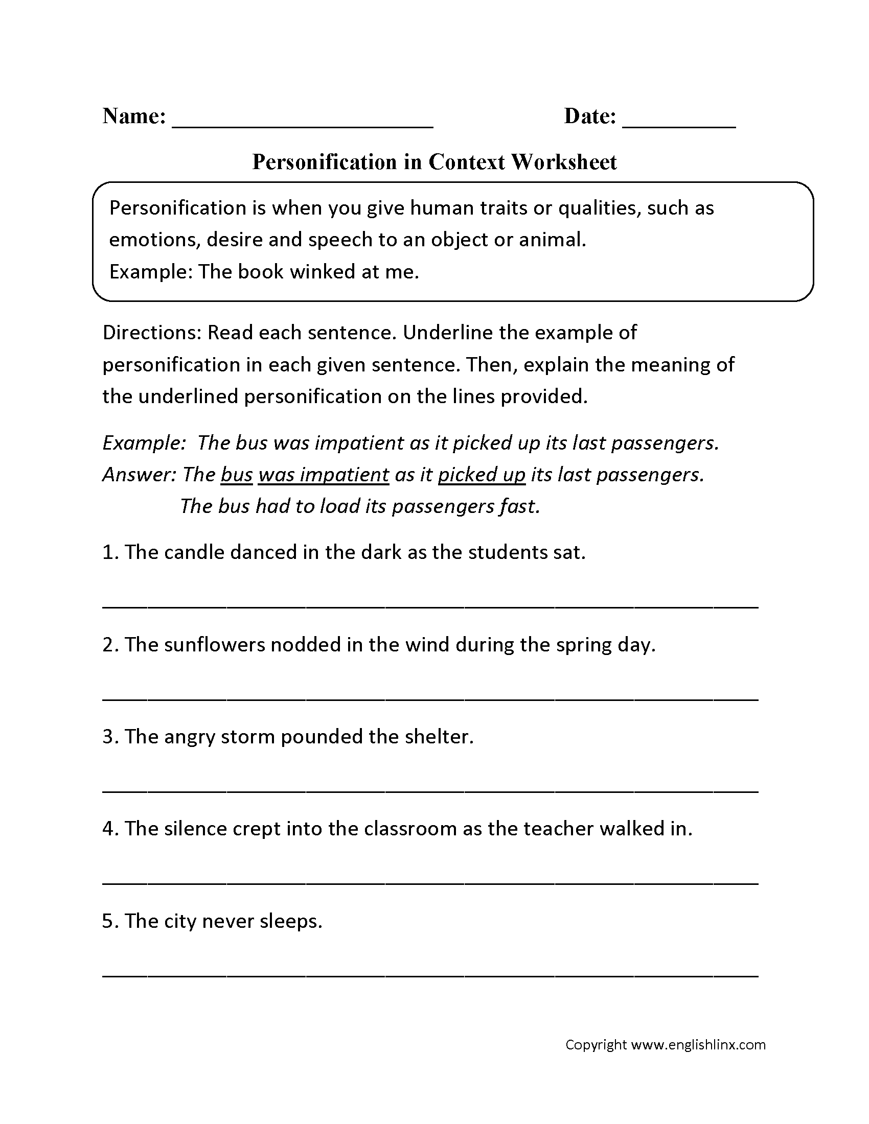 Personification in Context Worksheet