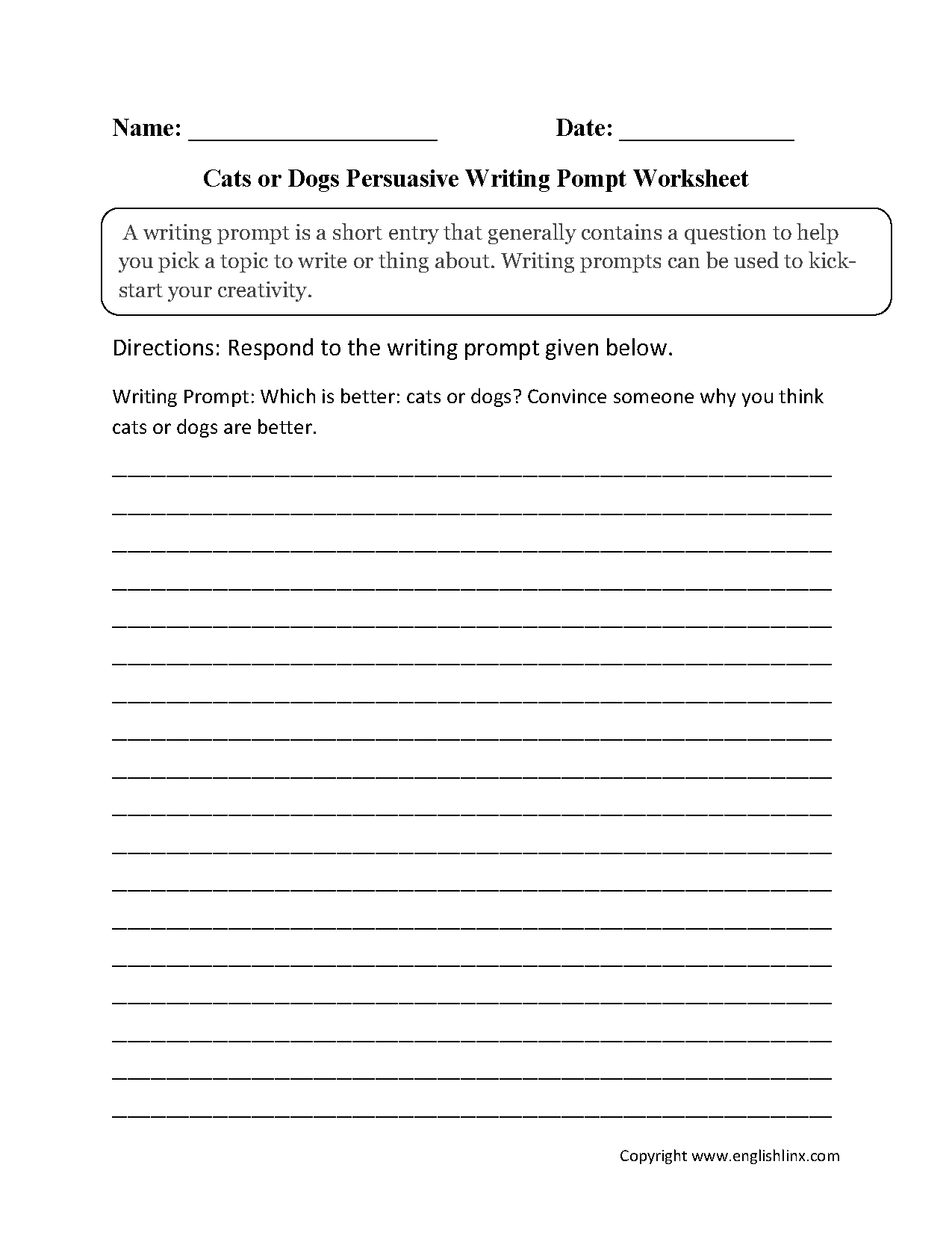 Dogs or Cats Persuasive Writing Prompt Worksheets