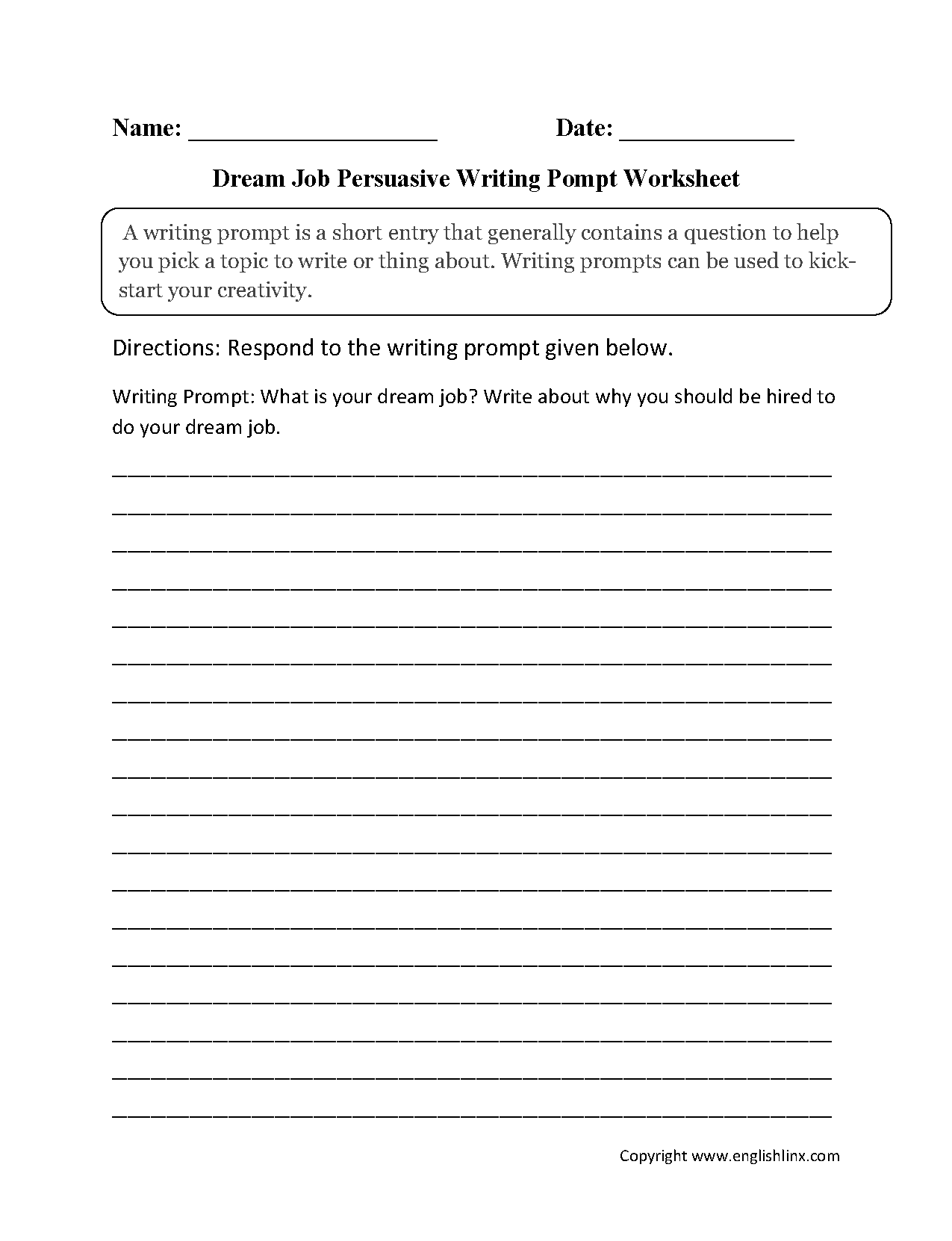 My Dream Job Persuasive Writing Prompt Worksheet