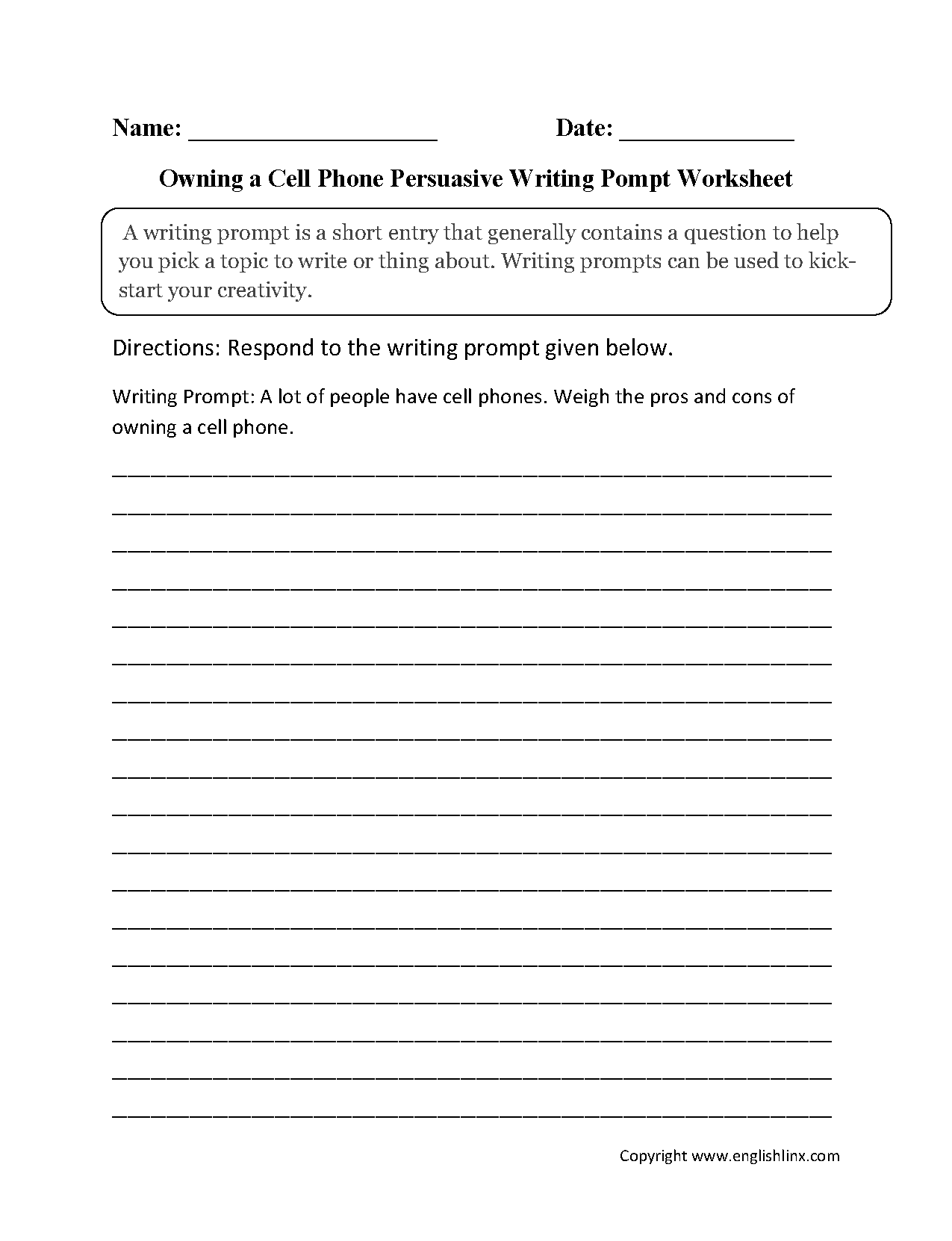 Cell Phones Persuasive Writing Prompt Worksheet