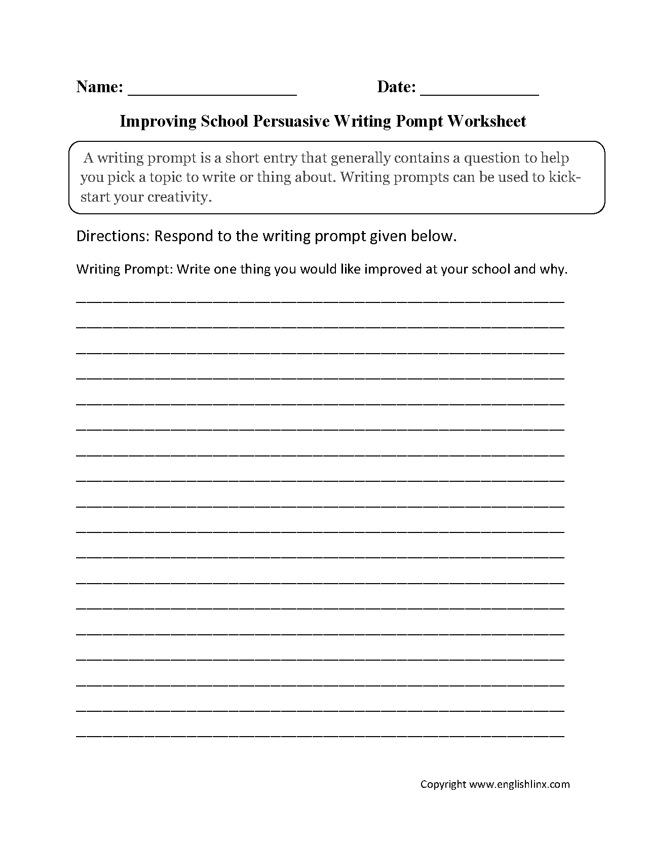 School Improvement Persuasive Writing Prompt Worksheets