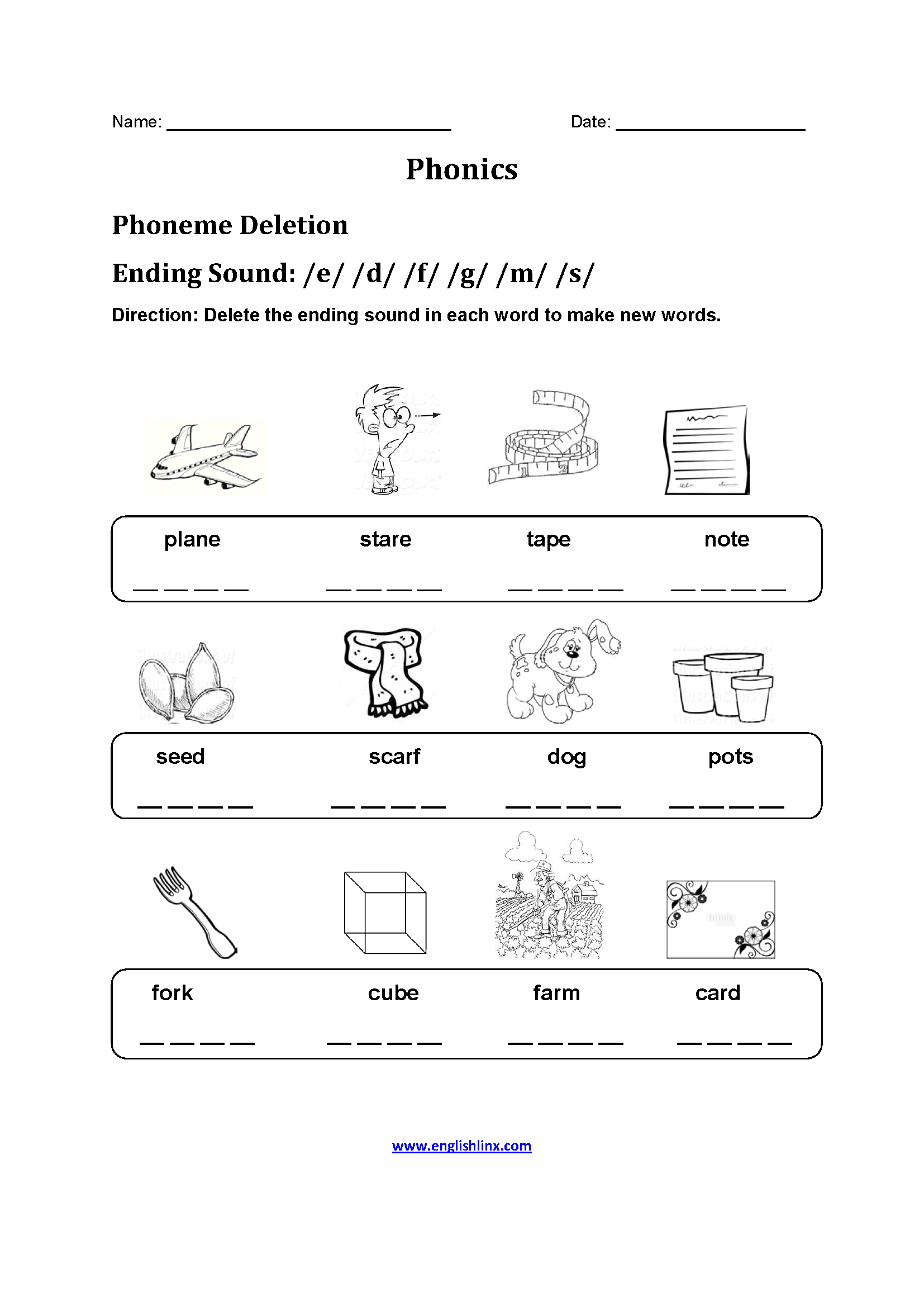 Phoneme Deletion Phonics Worksheets