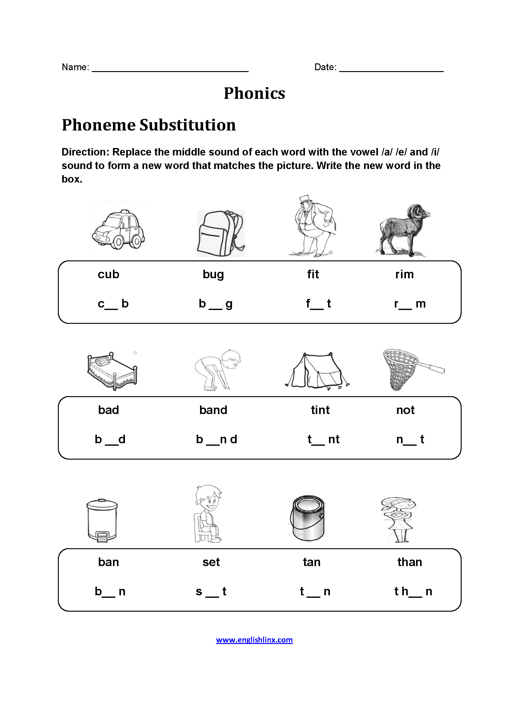 Phoneme Substitution Phonics Worksheets