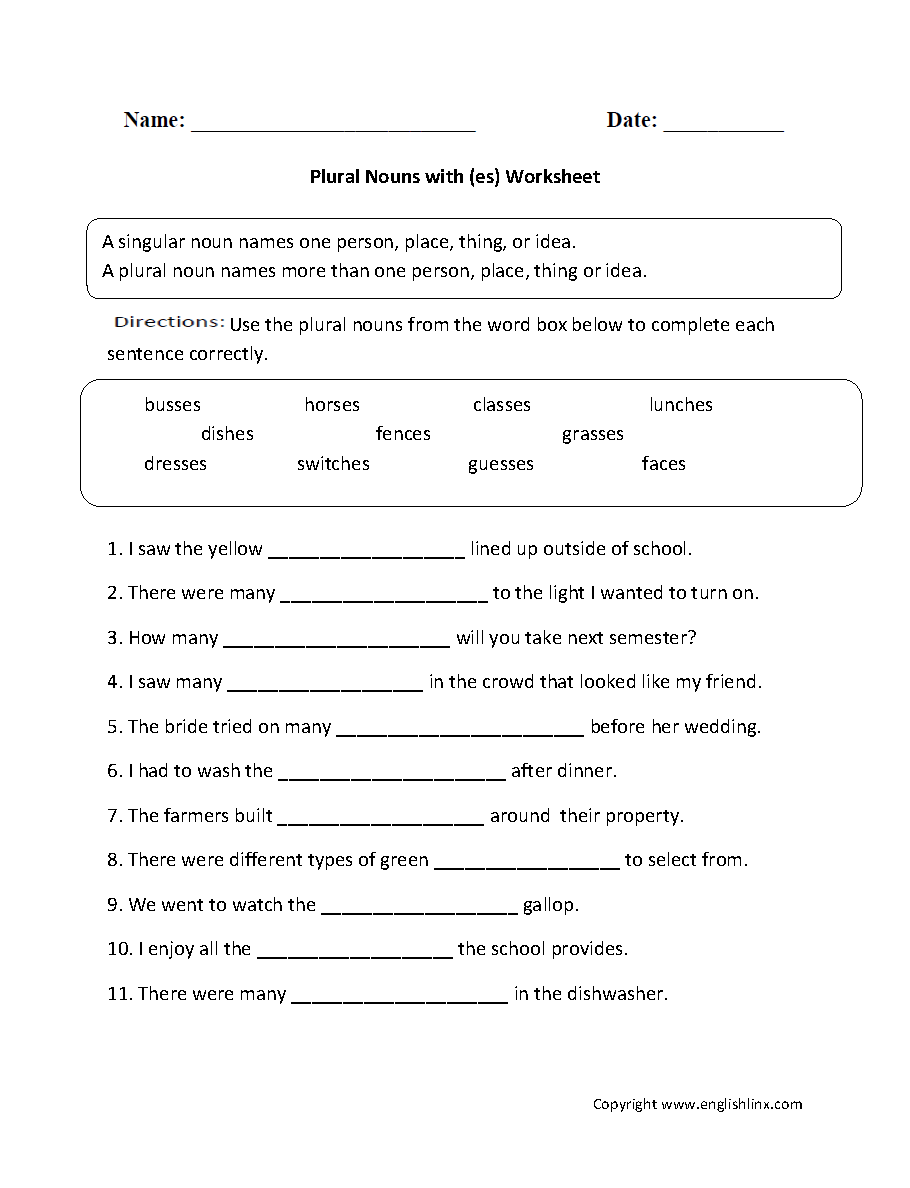 Plural Noun with es Worksheet