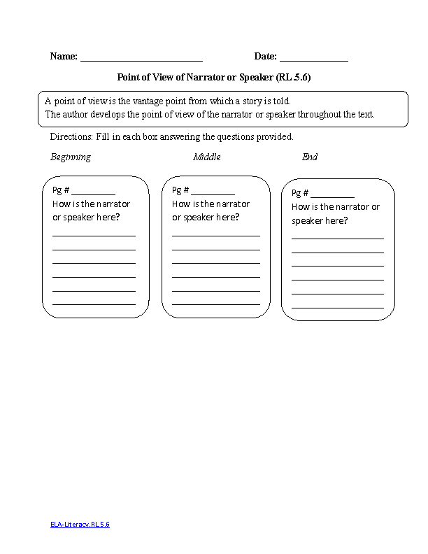 Point of View Narrator ELA-Literacy.RL.5.6 Reading Literature Worksheet