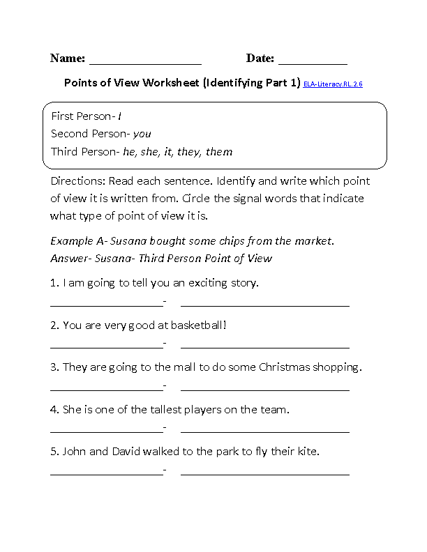 Points of View Worksheet 1 ELA-Literacy.RL.2.6 Reading Literature Worksheet