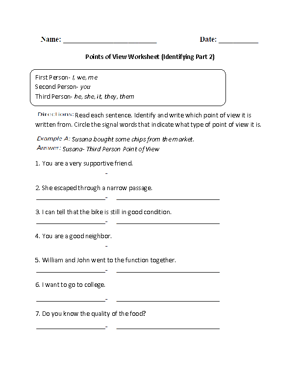 Point Of View Worksheet 2 Answers