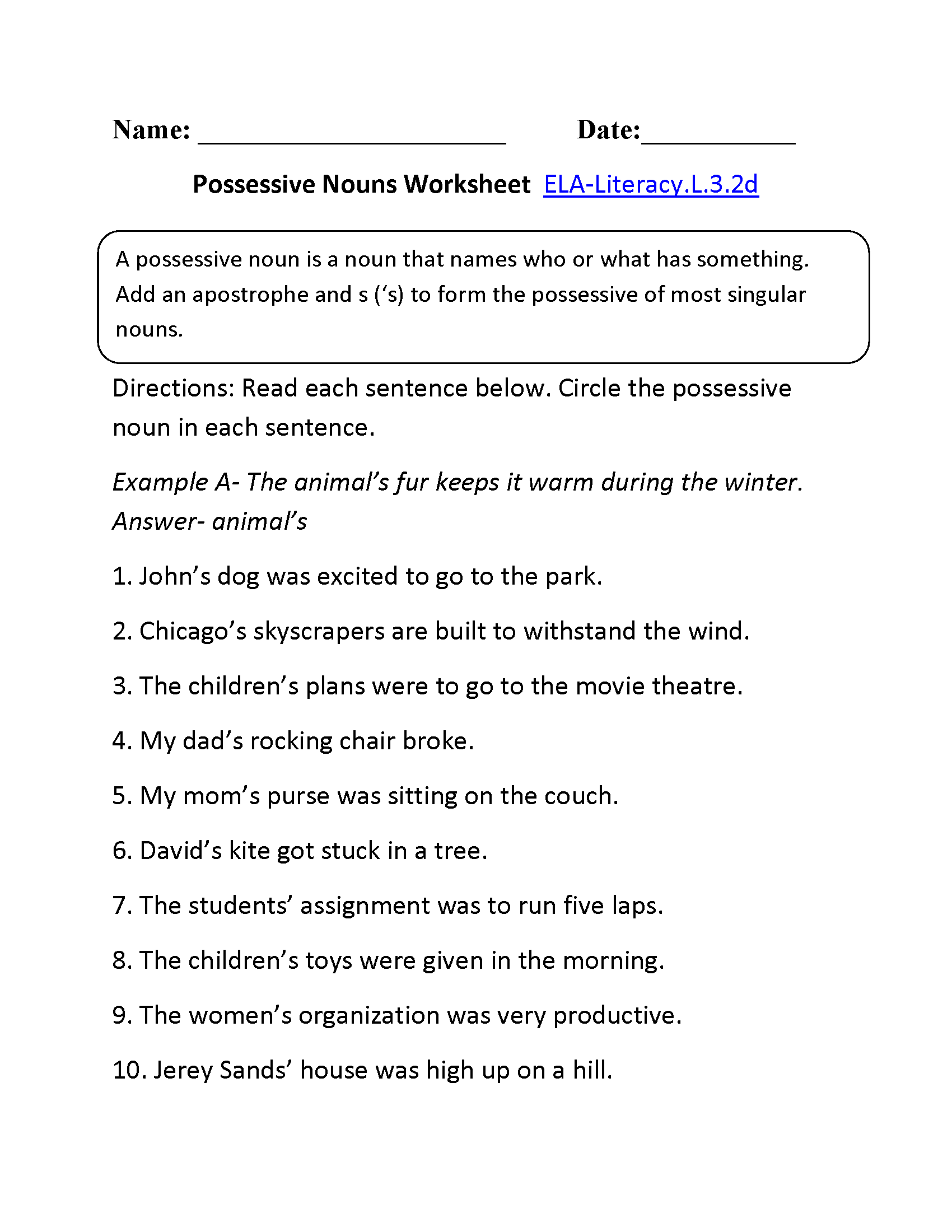 Possessive Nouns Worksheet 1 ELA-Literacy.L.3.2d Language Worksheet