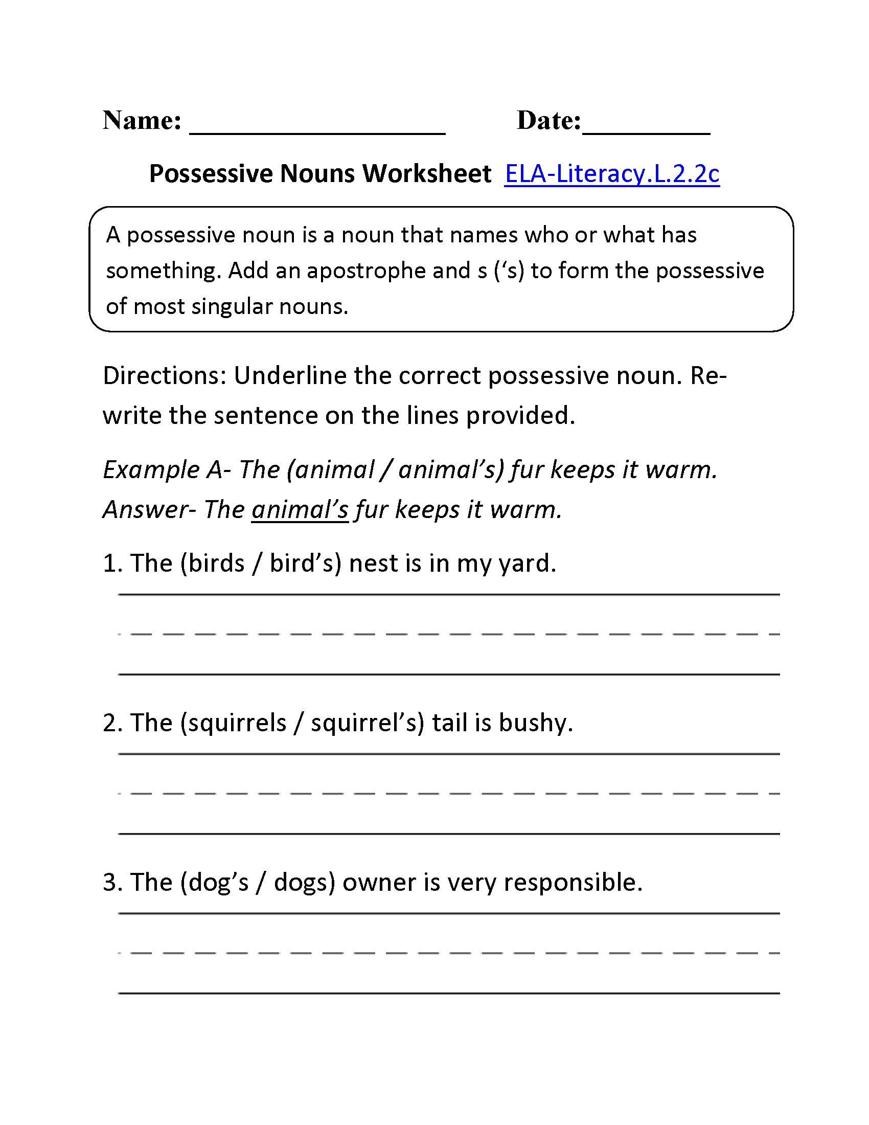 Possessive Nouns Worksheet 1 ELA-Literacy.L.2.2c Language Worksheet