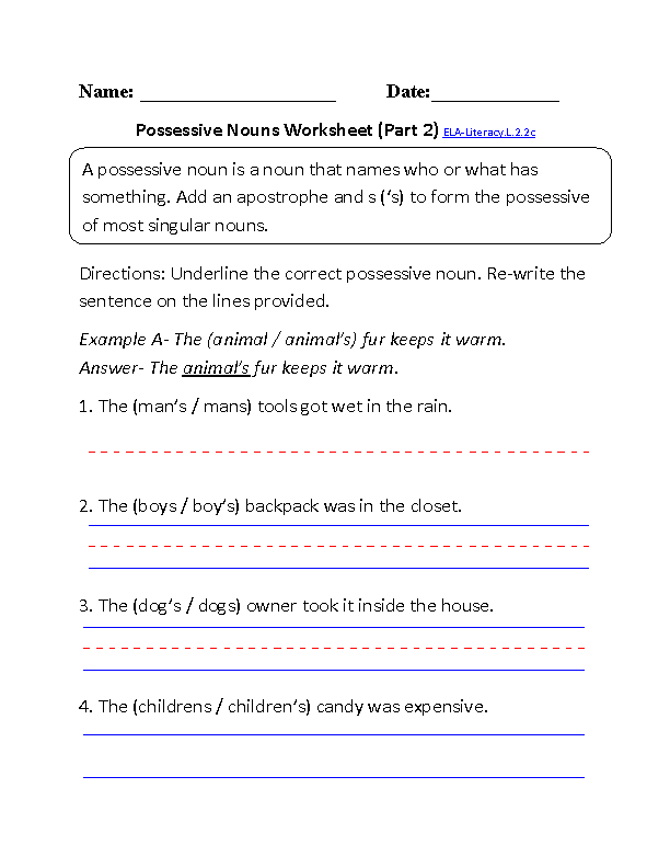 Possessive Nouns Worksheet 2 ELA-Literacy.L.2.2c Language Worksheet