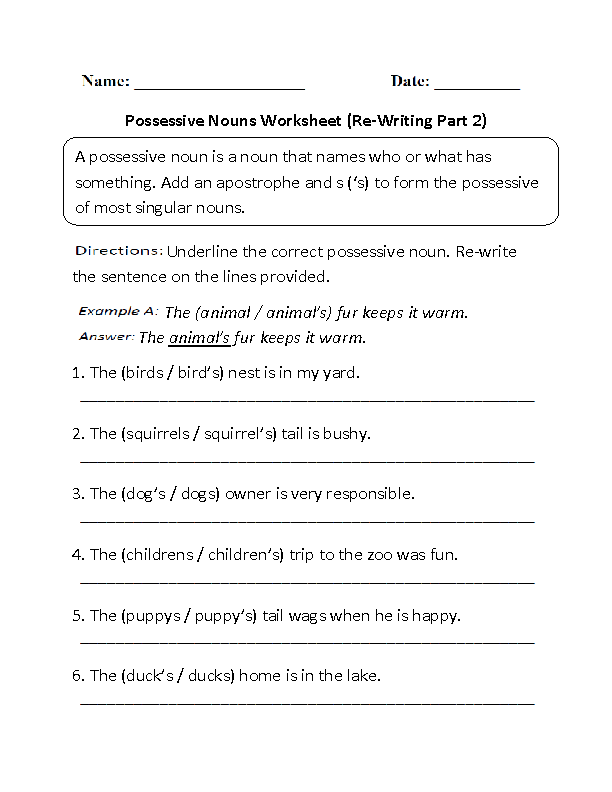 Possessive Noun Worksheet Grade 6