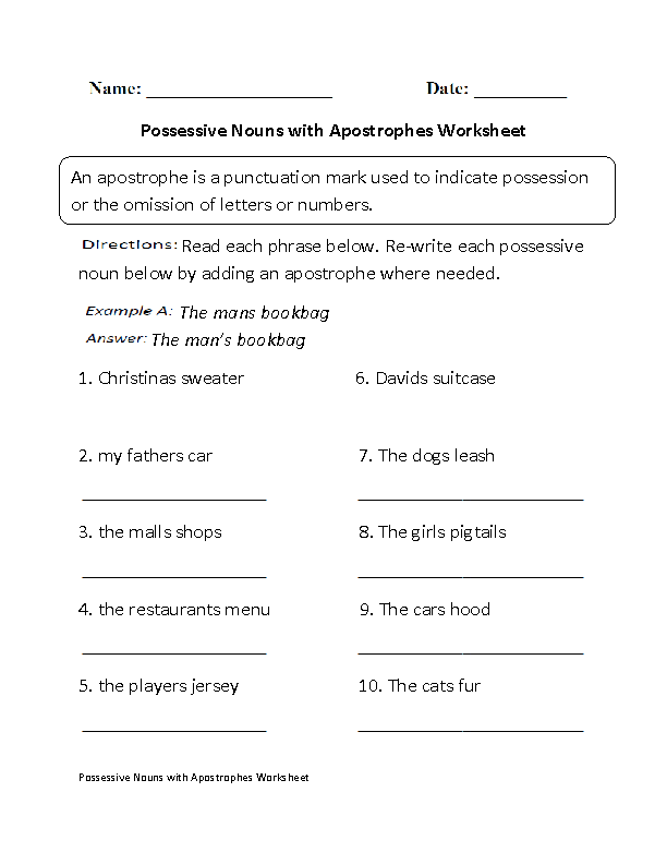 Possessive Nouns with Apostrophes Worksheet