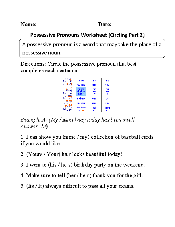 Circling Possessive Pronouns Worksheet Part 2