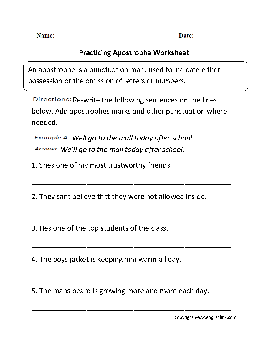 Practicing Apostrophe Worksheets