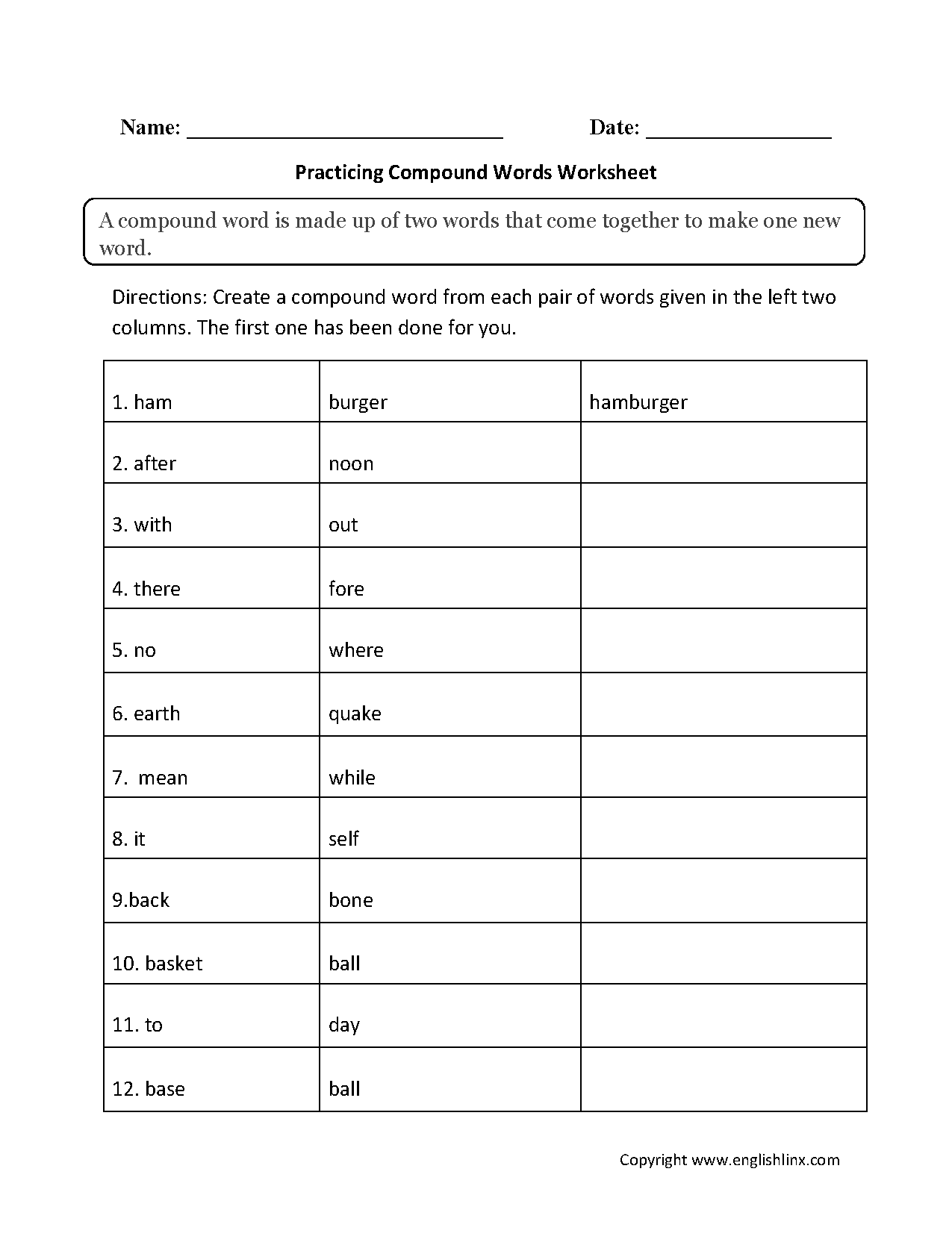 Practicing Compound Words Worksheets