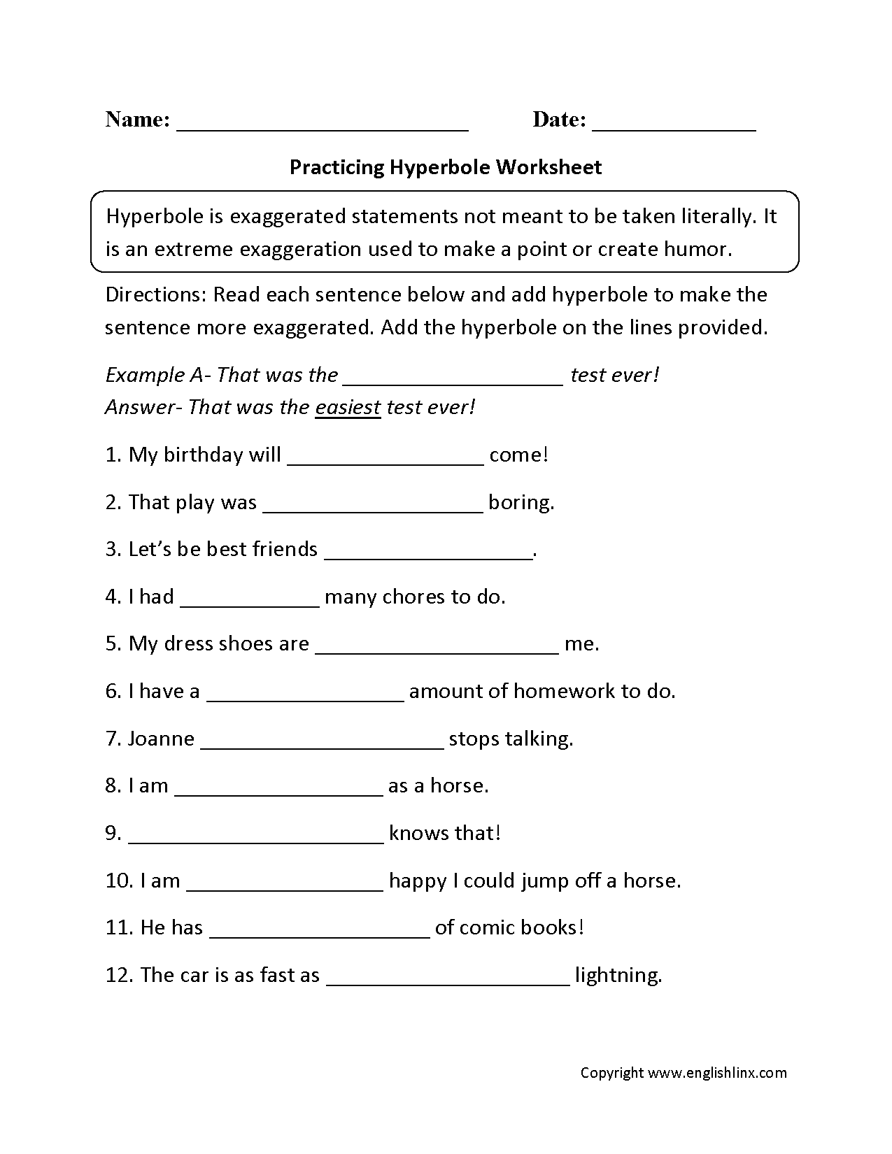 Hyperbole Figurative Language Worksheets