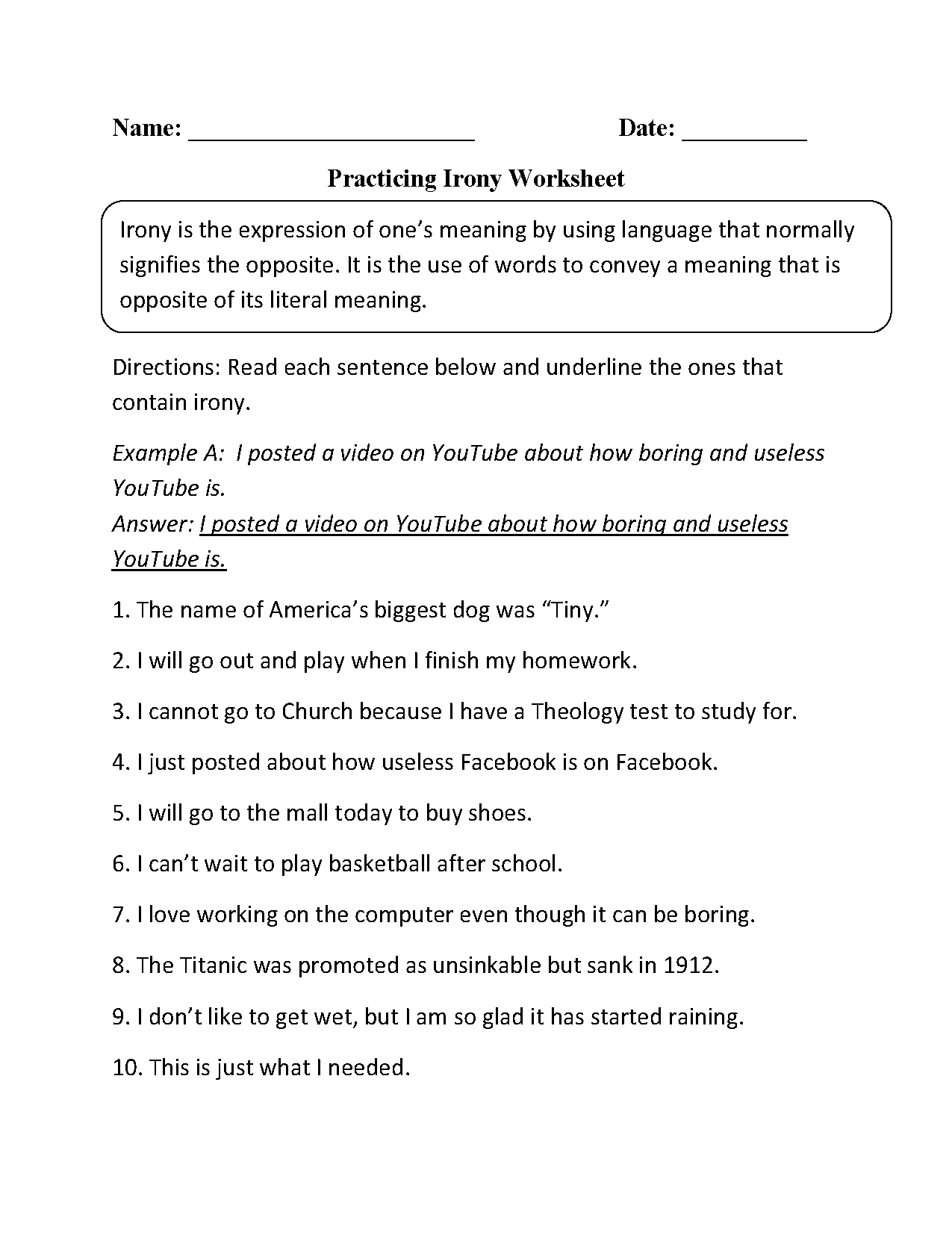 Practicing Irony Worksheet