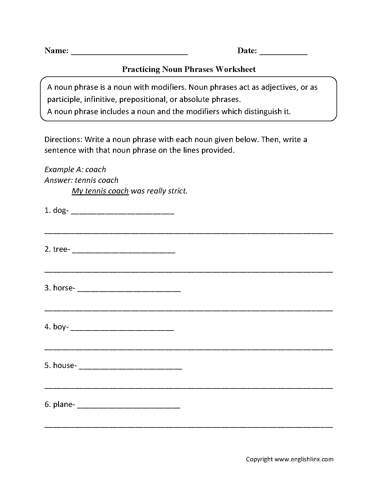 Nouns Worksheets | Noun Phrases Worksheets