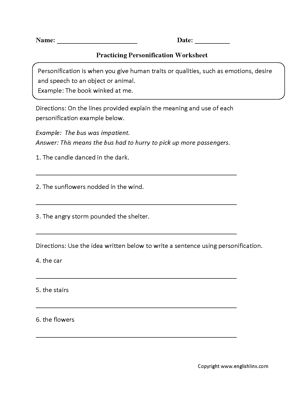 Figurative Language Worksheets | Personification Worksheets