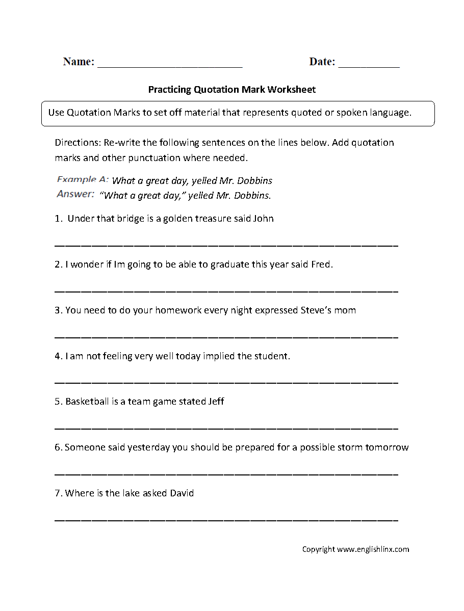 Punctuation Worksheets Quotation Mark Worksheets