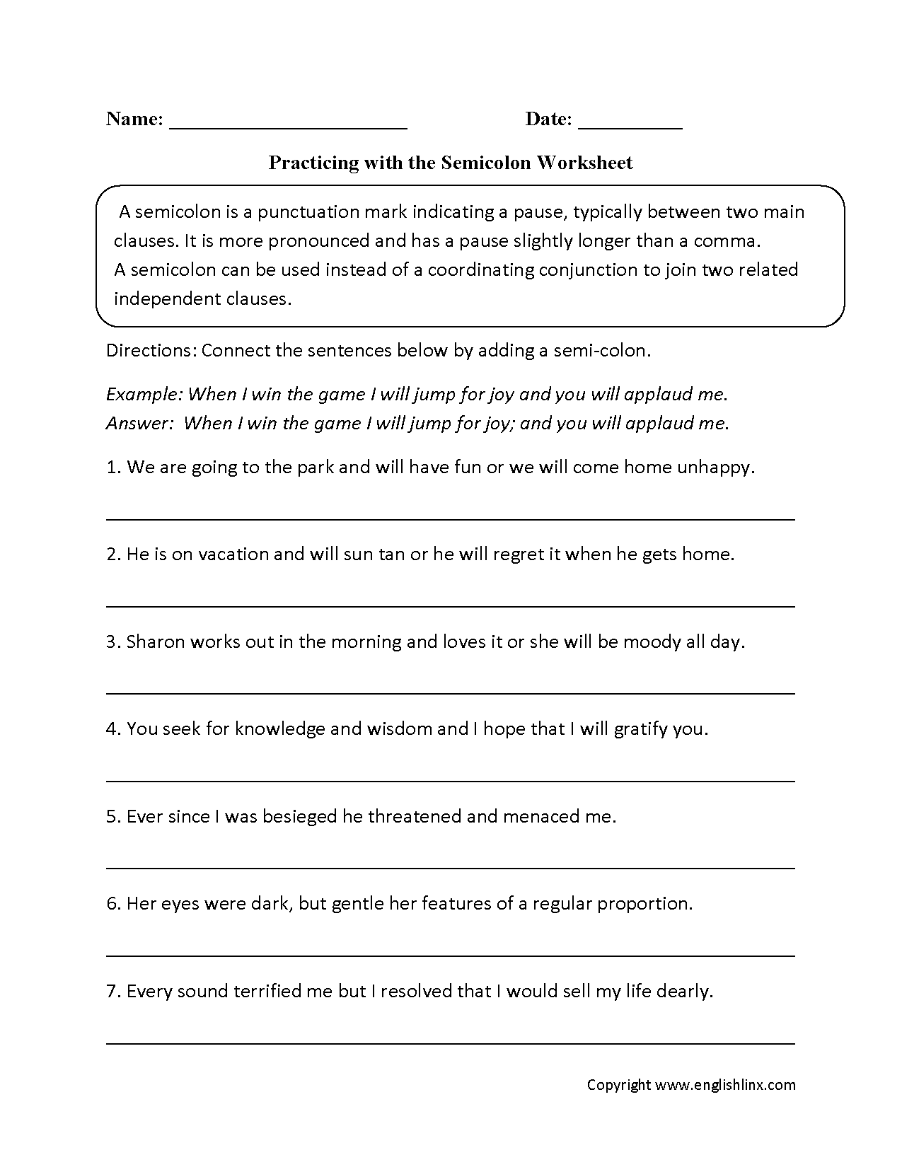 Punctuation Worksheets | Semicolon Worksheets