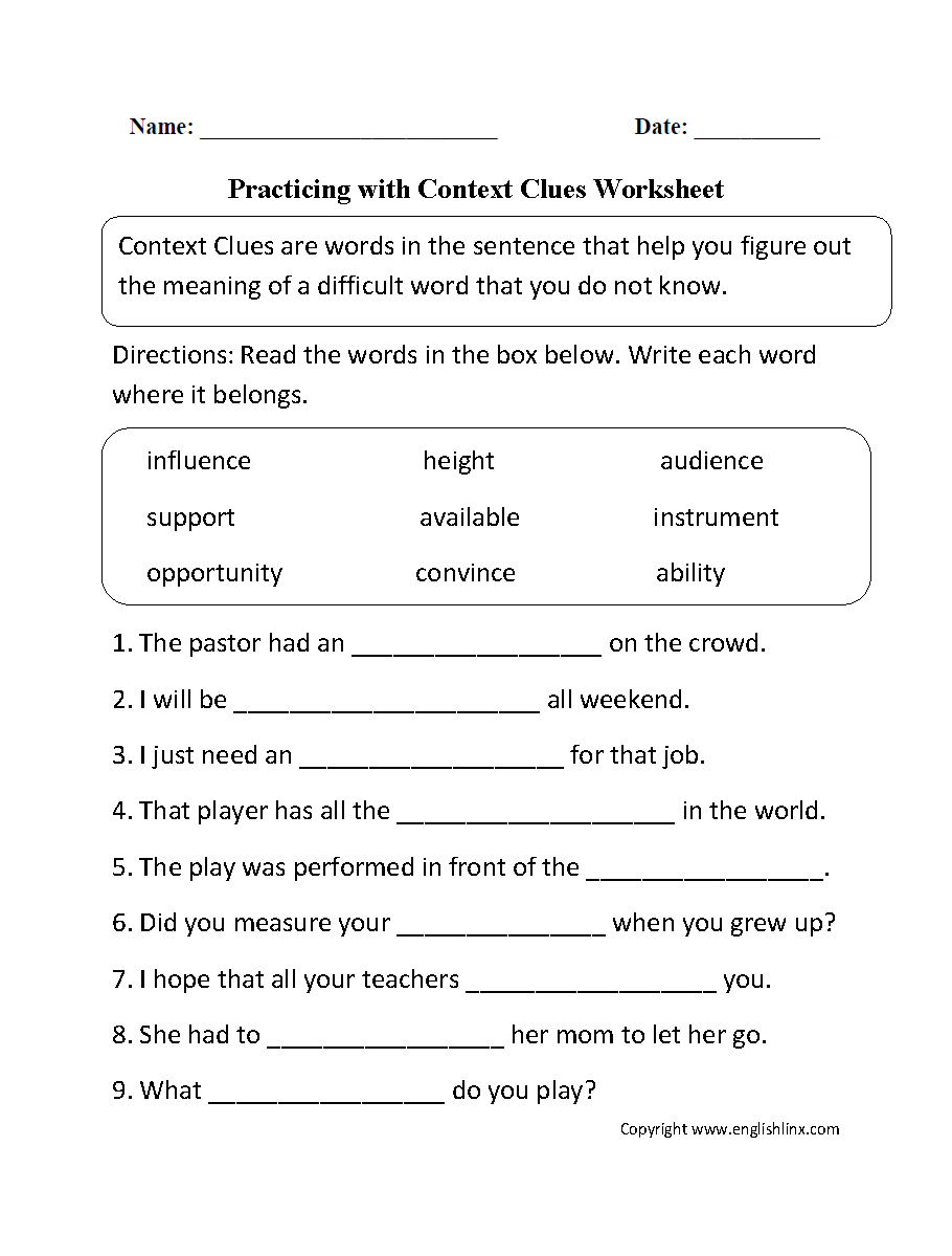 Practicing with Context Clues Worksheet