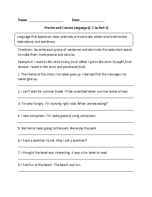 Precise and Concise Words L.7.3a Language Worksheet