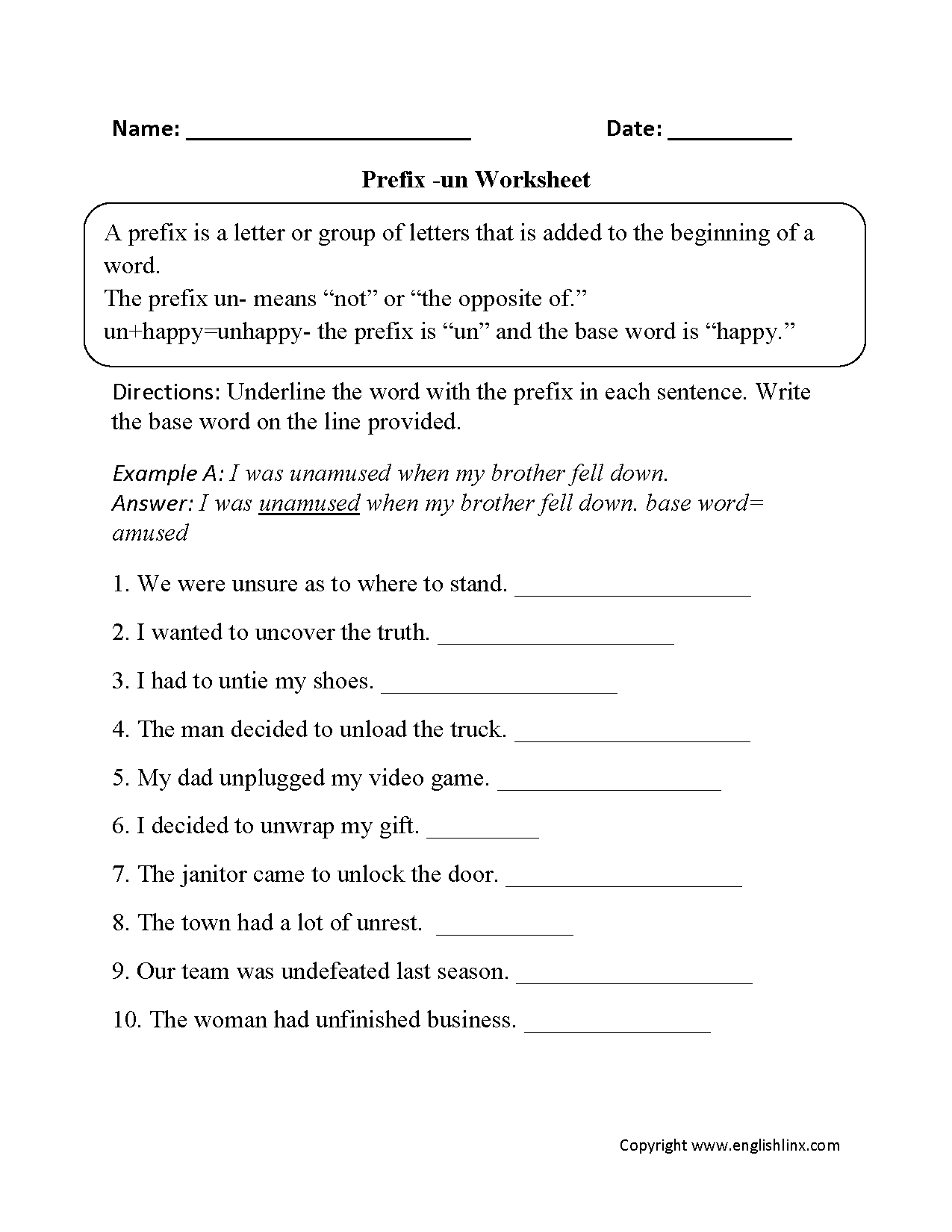 Prefix un- Worksheet