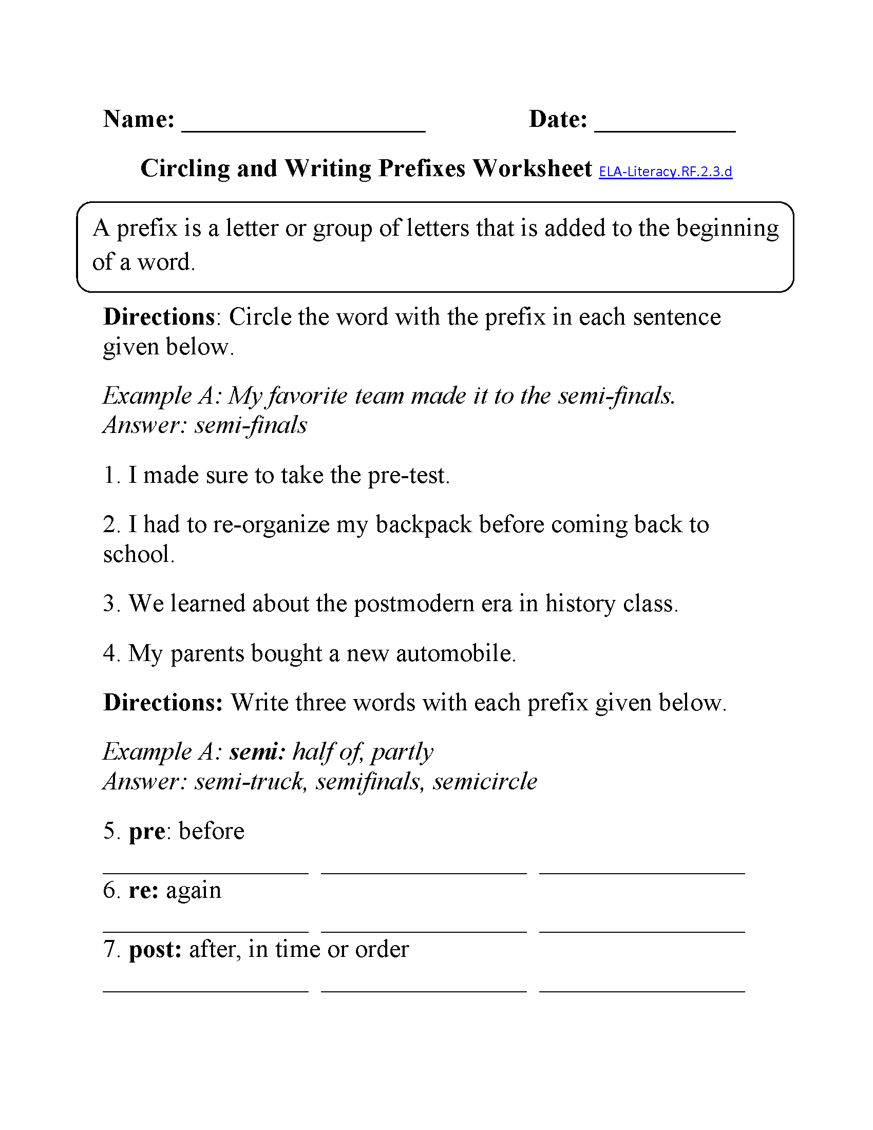 Prefixes Worksheet ELA-Literacy.RF.2.3.d Reading Foundational Skills