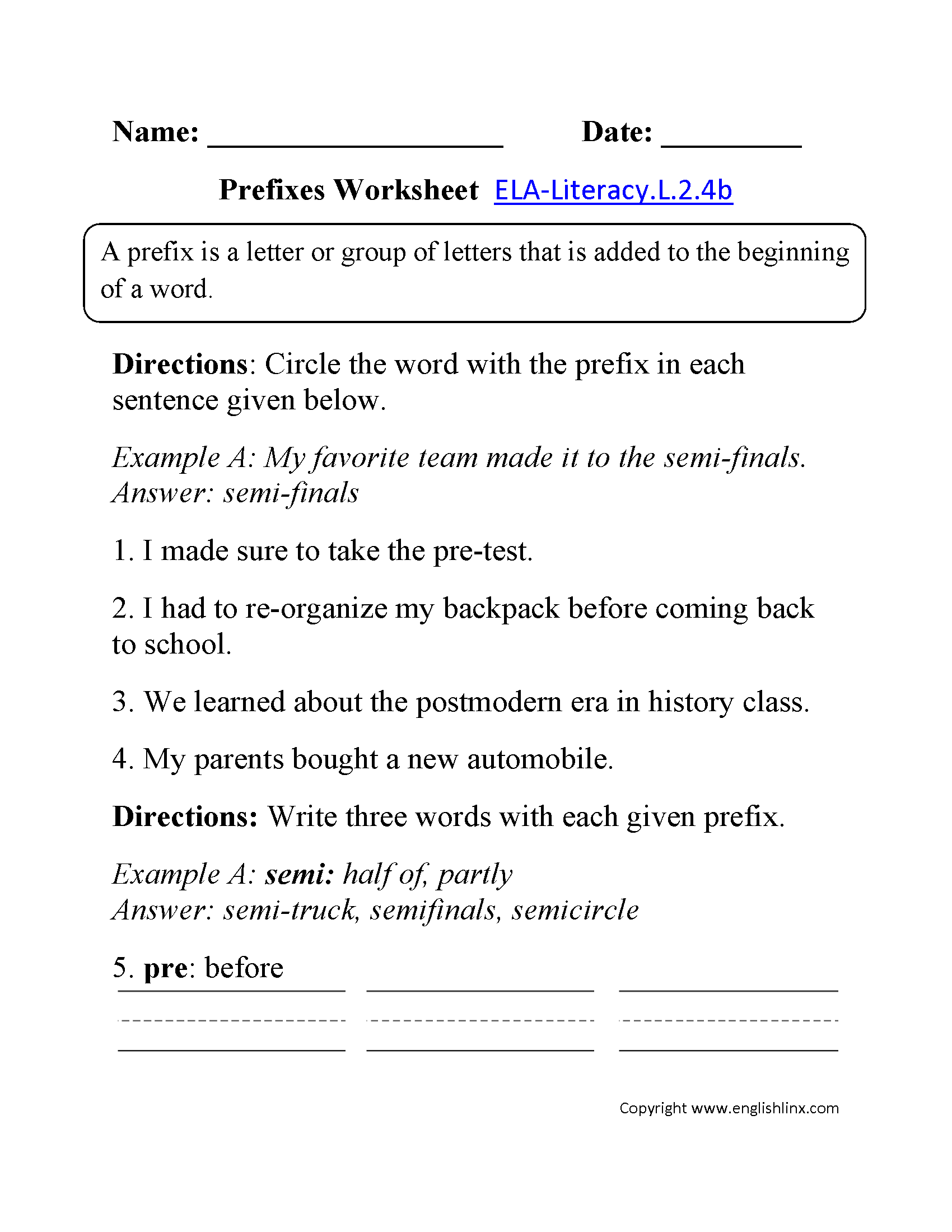 Prefixes Worksheet 1 ELA-Literacy.L.2.4b Language Worksheet