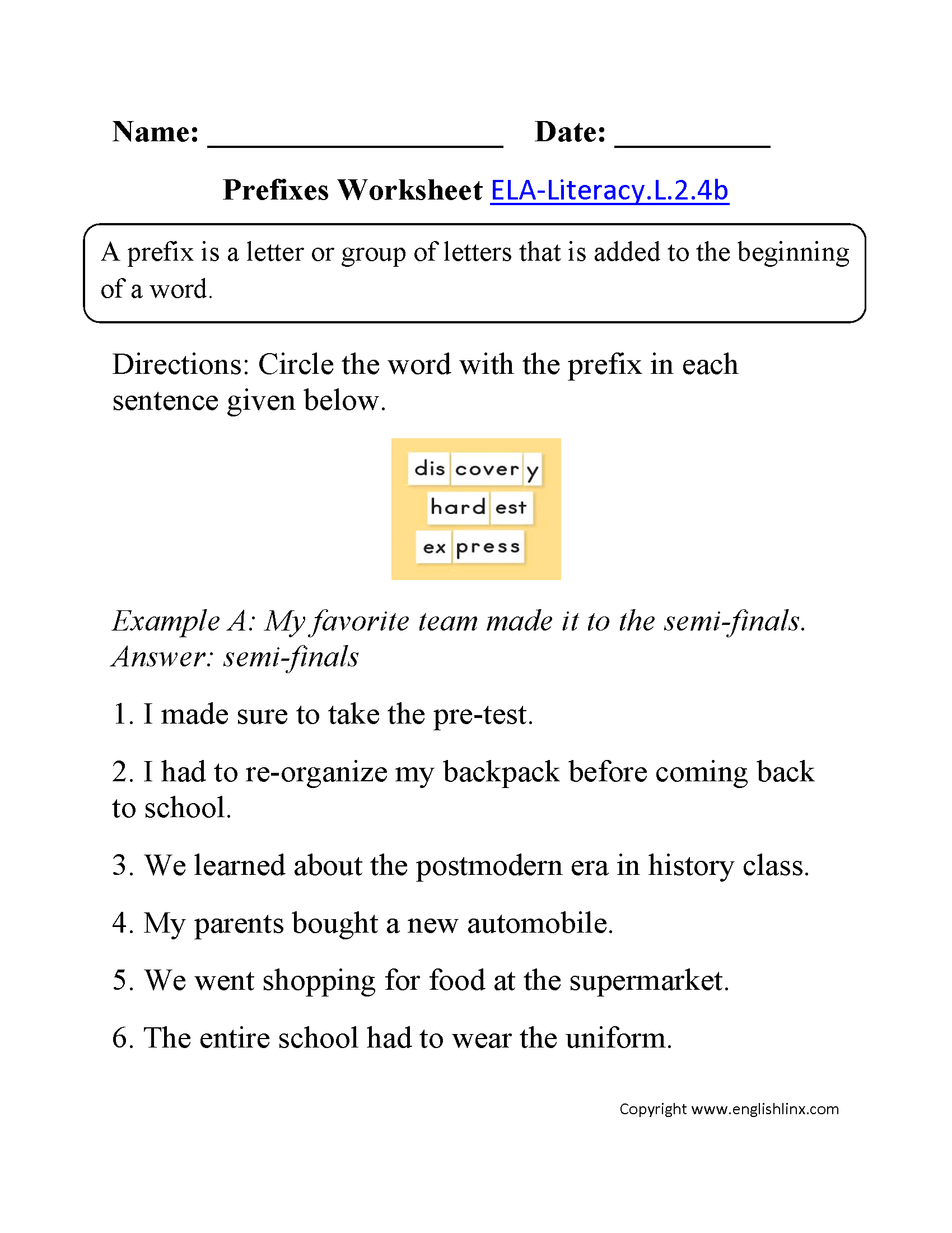 Prefixes Worksheet 2 ELA-Literacy.L.2.4b Language Worksheet