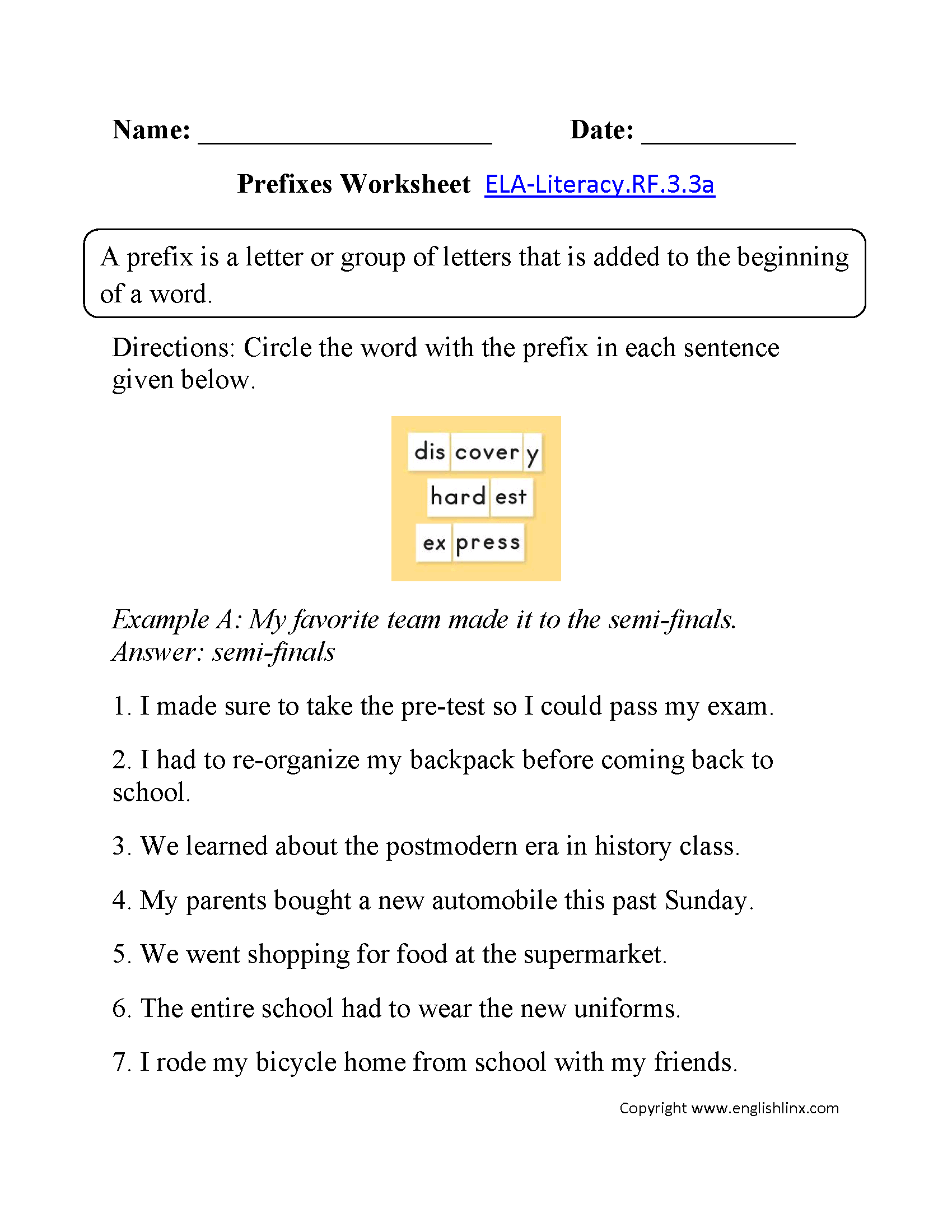 Prefixes Worksheet 1 ELA-Literacy.RF.3.3a Reading Foundational Skills