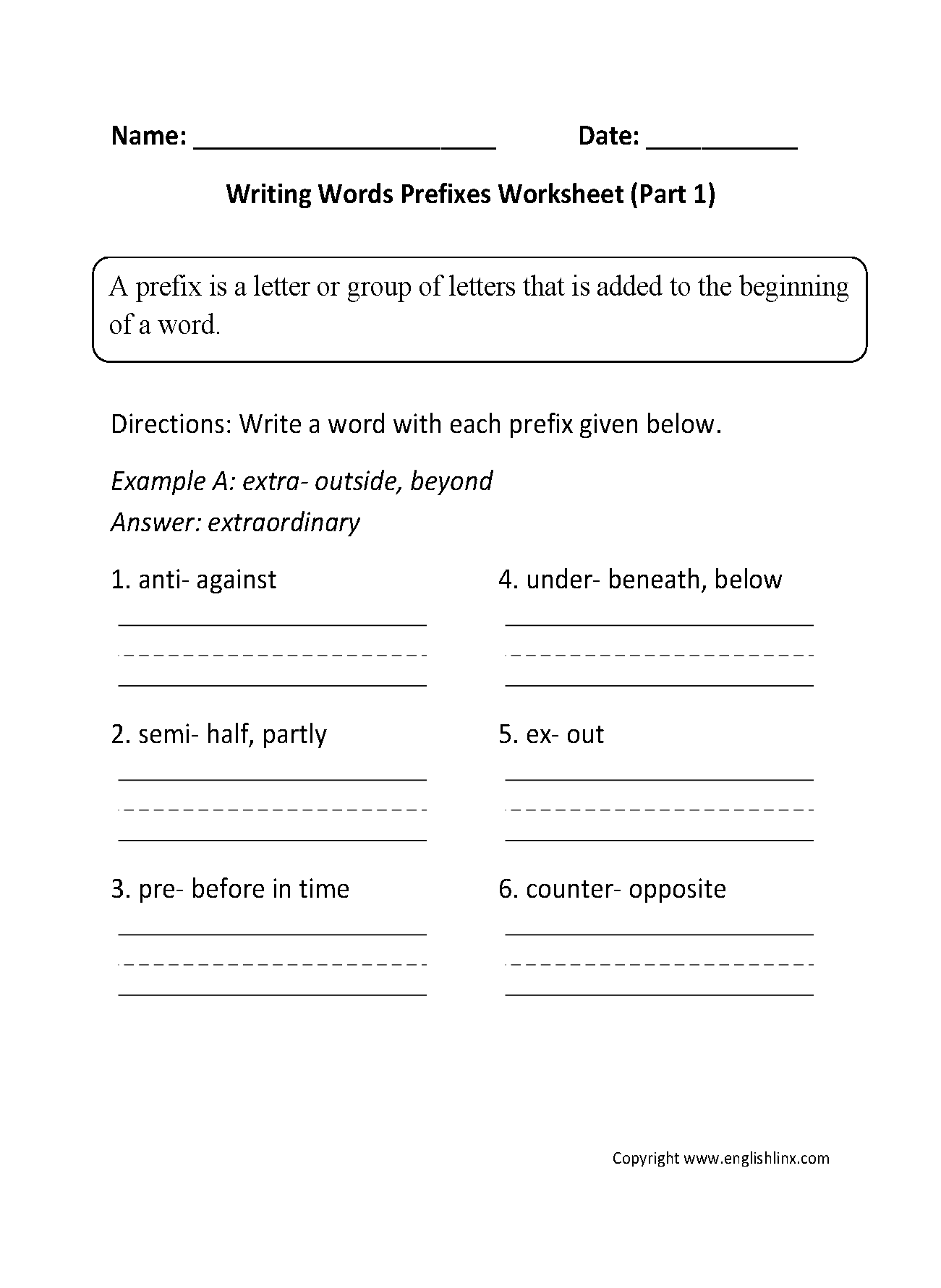 Writing Words Prefixes Worksheet Part 1