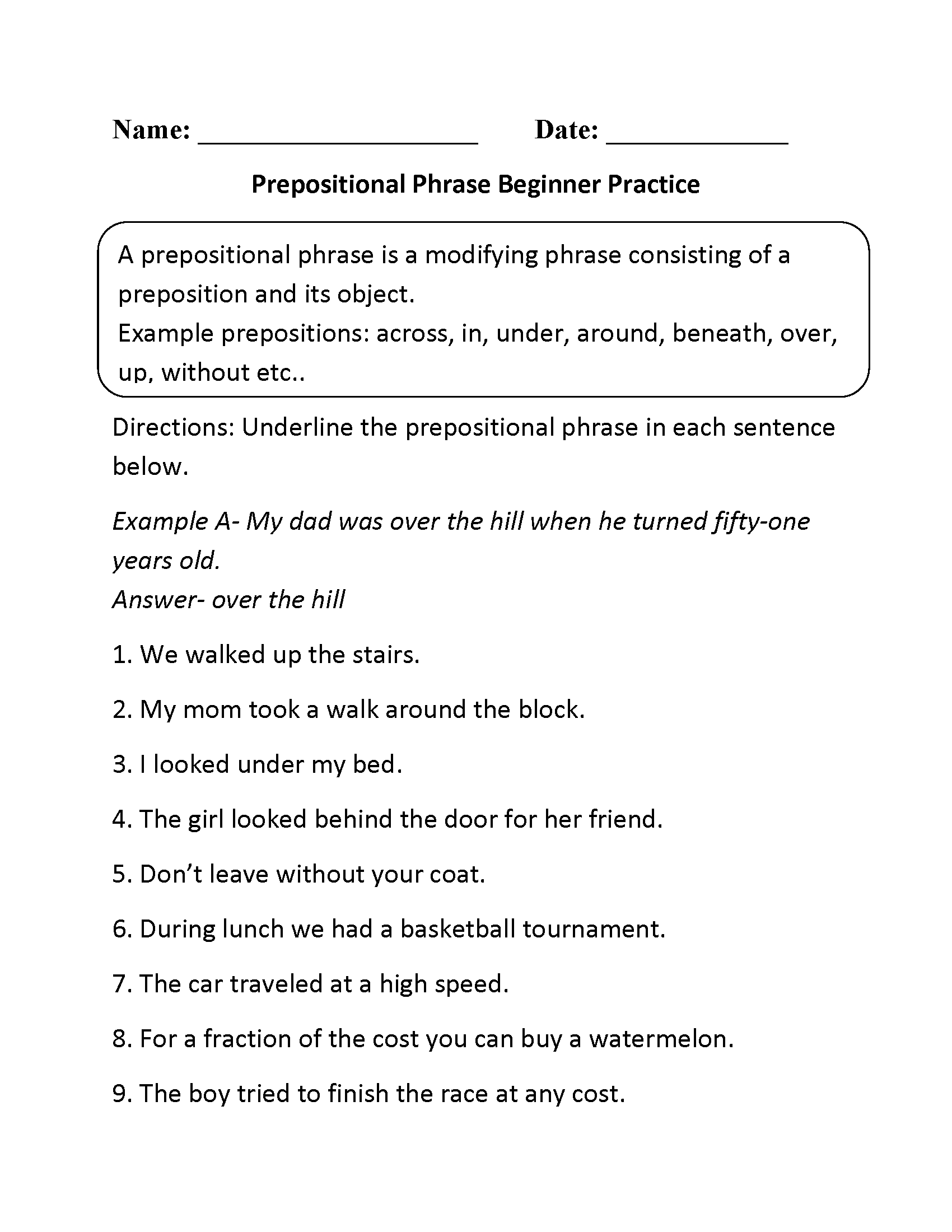 Prepositional Phrases Worksheets | Prepostional Phrase Beginner