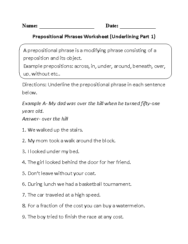 Prepositions Worksheets | Underlining Prepositional Phrase Worksheet Part 1