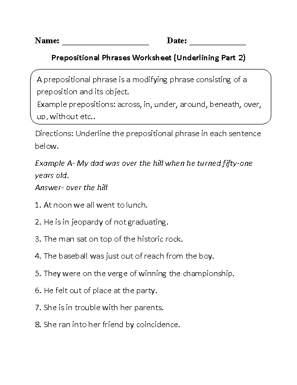 Prepositions Worksheets | Underlining Prepositional Phrase Worksheet Part 2