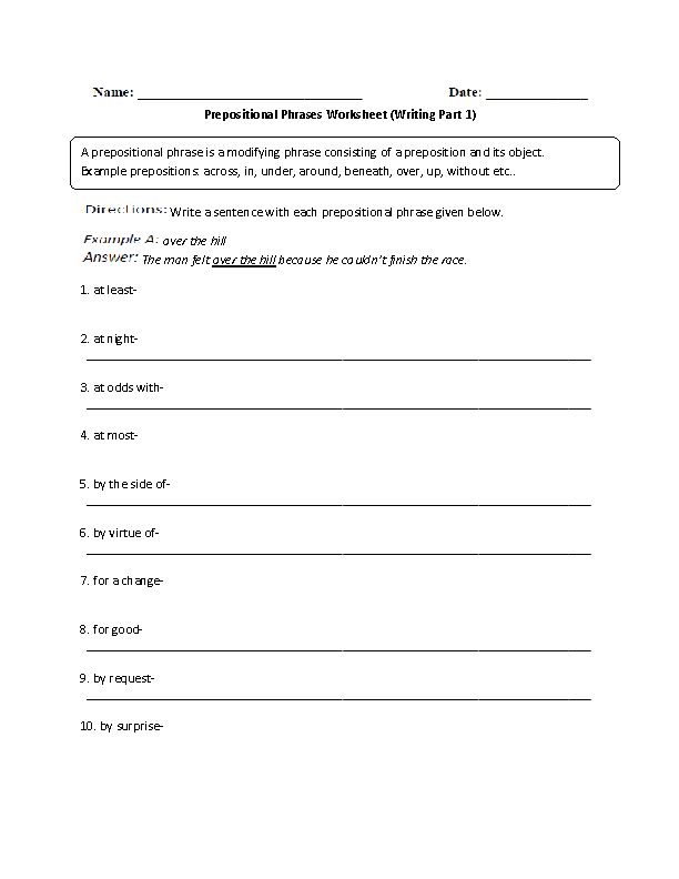 Writing a Prepositional Phrase Worksheet