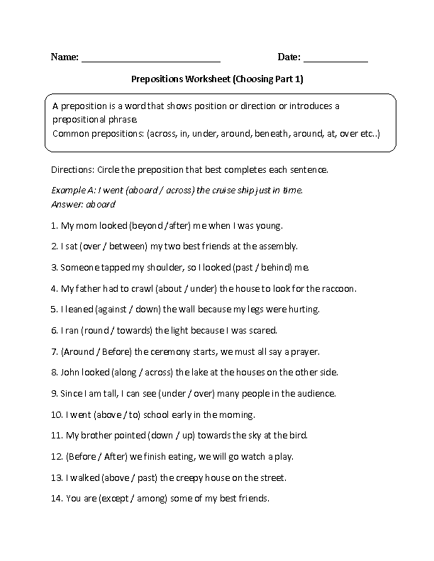 Choosing Prepositions Worksheet