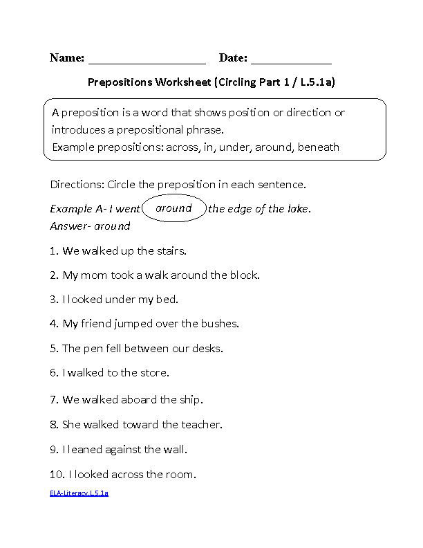 Prepositions Worksheet ELA-Literacy.L.5.1a Language Worksheet