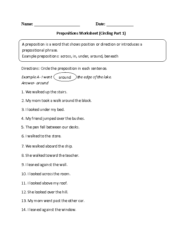 Circling Prepositions Worksheet