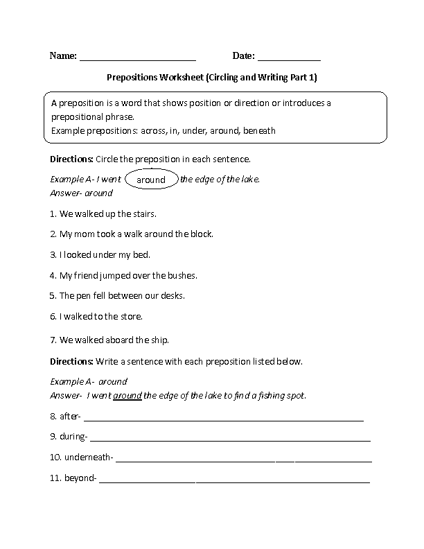 Circling and Writing Prepositions Worksheet Grades 6-8