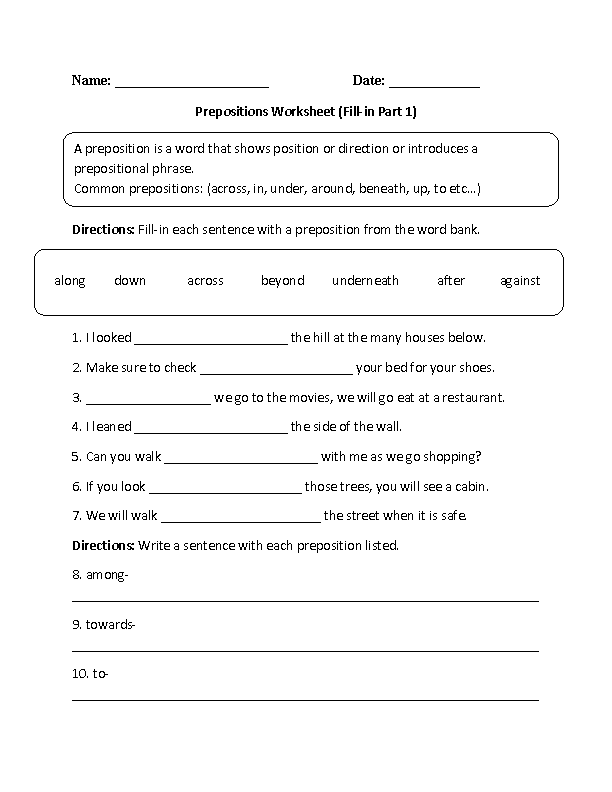 Fill-In Prepositions Worksheet