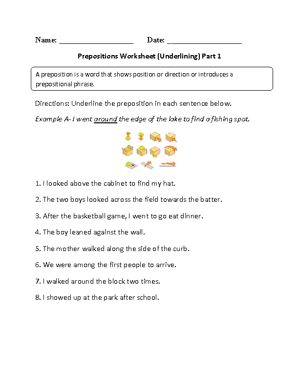 Prepositions Worksheets | Underlining Prepositions Worksheet