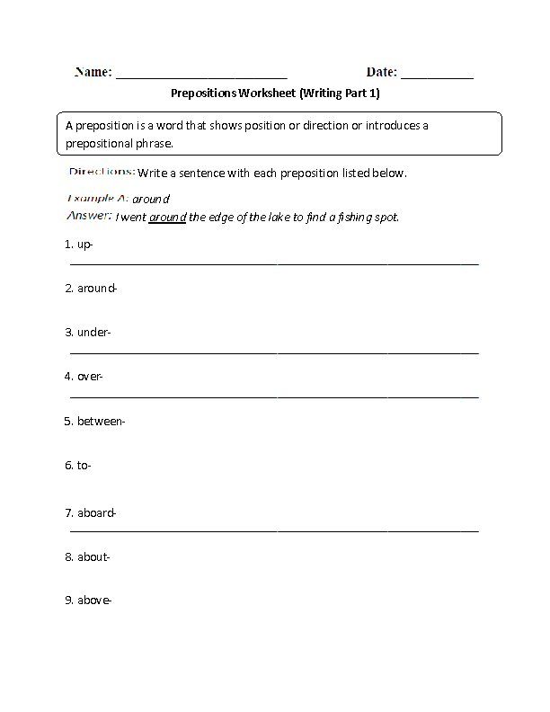 Writing Prepositions Worksheet