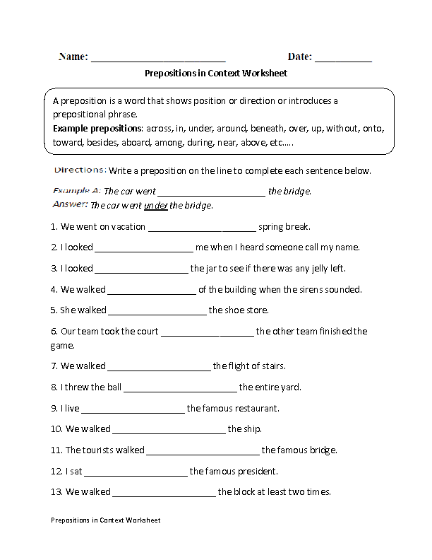Prepositions in Context Worksheet