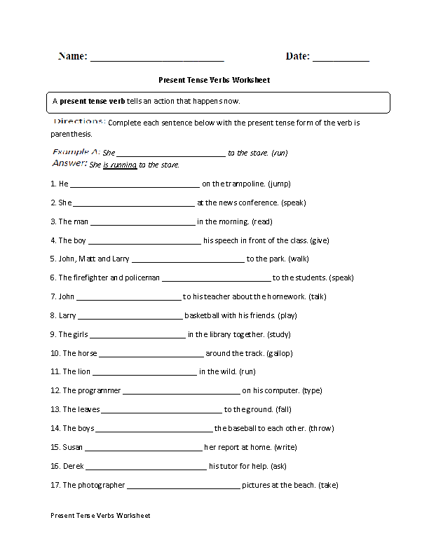 Present Tense Verbs Practice Worksheet