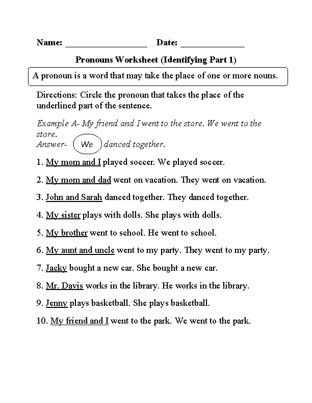 Common Pronoun Worksheets