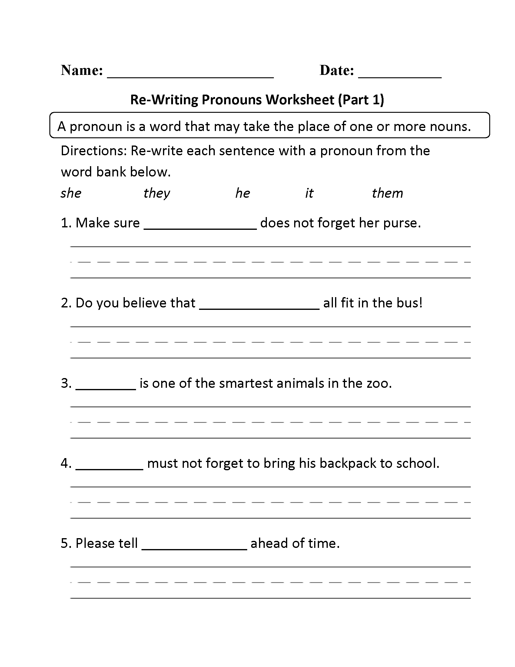 Re-Writing Pronouns Worksheet Part 1