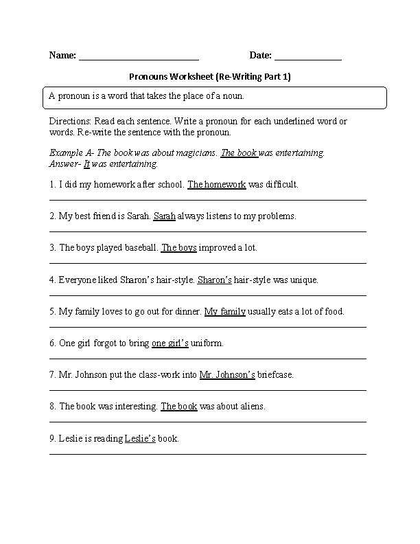 Re-Writing Pronouns Worksheet